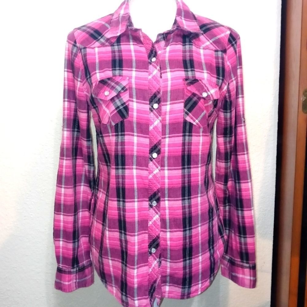 OP Pink, Black & White Plaid Button Down, Pearl-Snap Shirt